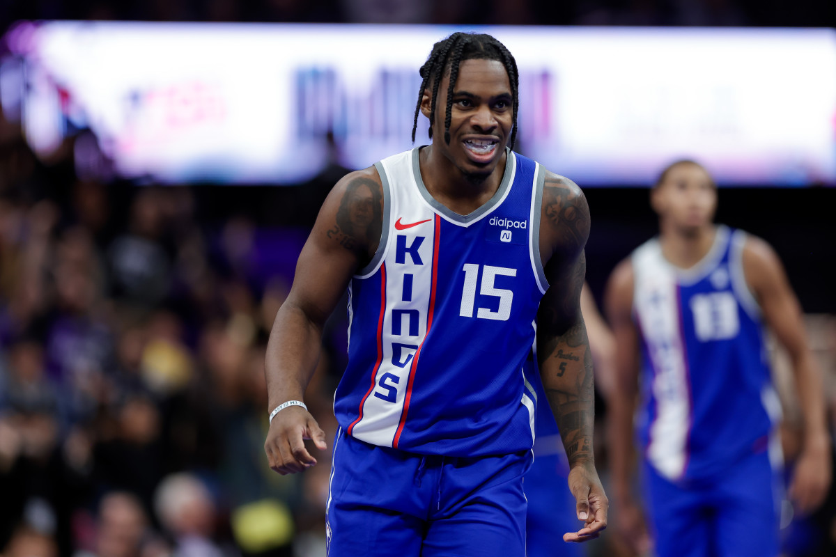 Nov 10, 2023; Sacramento, California, USA; Sacramento Kings guard Davion Mitchell (15) looks on during the fourth quarter against the Oklahoma City Thunder at Golden 1 Center. Mandatory Credit: Sergio Estrada-USA TODAY Sports  